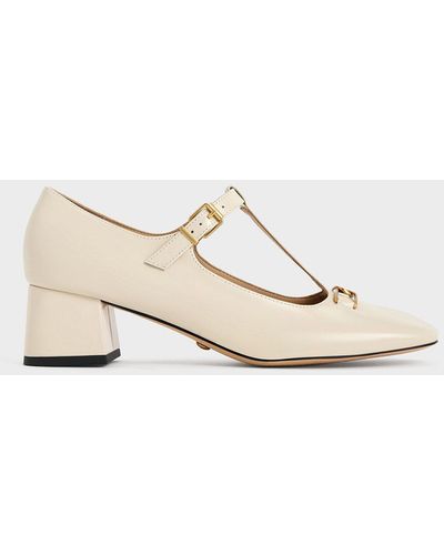 Charles & Keith Gabine Leather T-bar Mary Jane Pumps - Natural