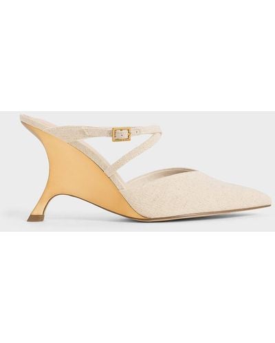 Charles & Keith Linen Crossover-strap Sculptural-heel Wedges - Natural