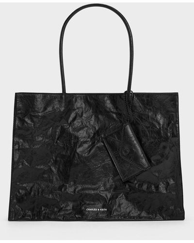 Charles & Keith Large Matina Crinkle-effect Tote Bag - Black