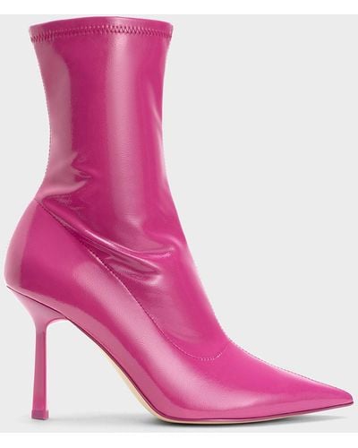 Charles & Keith Patent Crinkle-effect Pointed-toe Stiletto Heel Ankle Boots - Pink