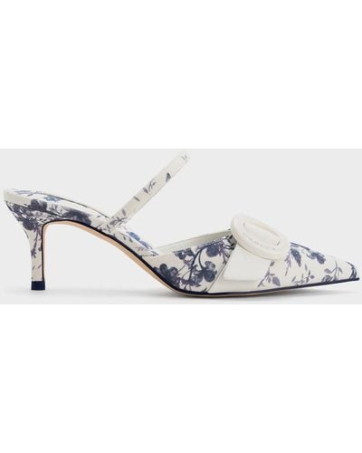Charles & Keith Oval-buckle Floral-print Pointed-toe Mules - White