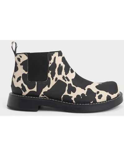Charles & Keith Penelope Cow-print Pull-tab Chelsea Boots - Black