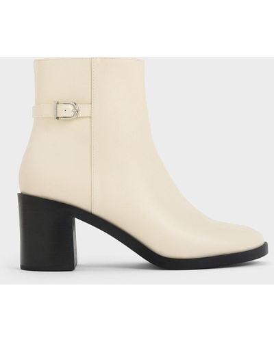 Charles & Keith Side-buckle Block Heel Ankle Boots - Natural