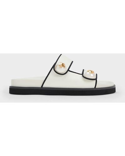 Charles & Keith Pearl Embellished Contrast-trim Slides - White