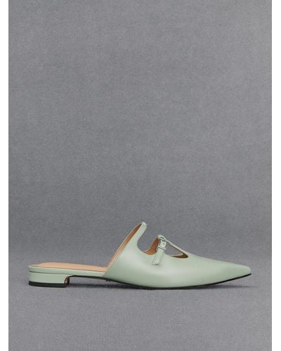 Charles & Keith Leather T-bar Double-strap Mules - Grey