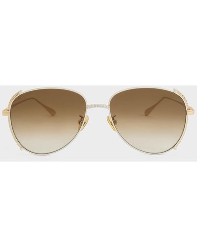 Charles & Keith Gem-embellished Wireframe Aviator Sunglasses - White
