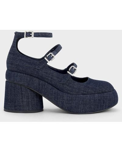 Charles & Keith Luella Denim Triple-strap Mary Jane Platform Court Shoes - Blue