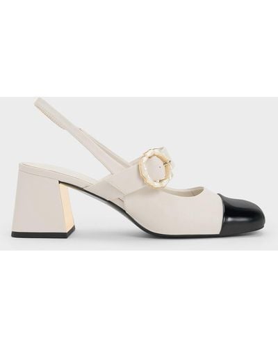 Charles & Keith Patent Two-tone Pearl Buckle Slingback Pumps - Natural