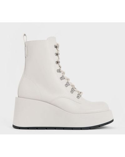 Charles & Keith Lace-up Platform Wedge Ankle Boots - White