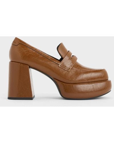 Charles & Keith Monique Crinkle-effect Platform Loafer Court Shoes - Brown