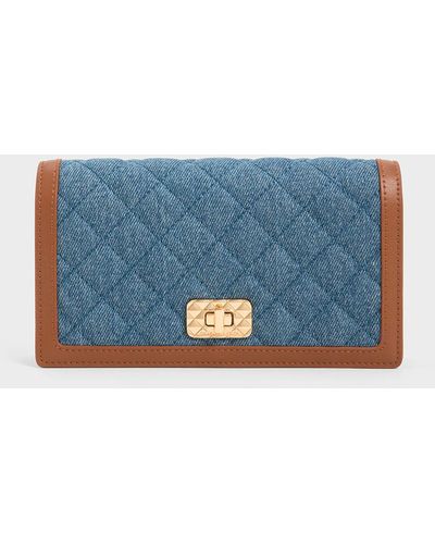 Charles & Keith Micaela Denim Quilted Long Wallet - Blue