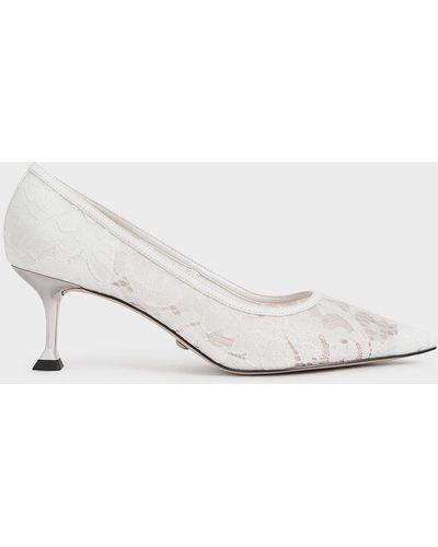 Charles & Keith Lace Sculptural Heel Court Shoes - White