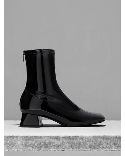 Charles & Keith Patent Trapeze Block Heel Ankle Boots - Black