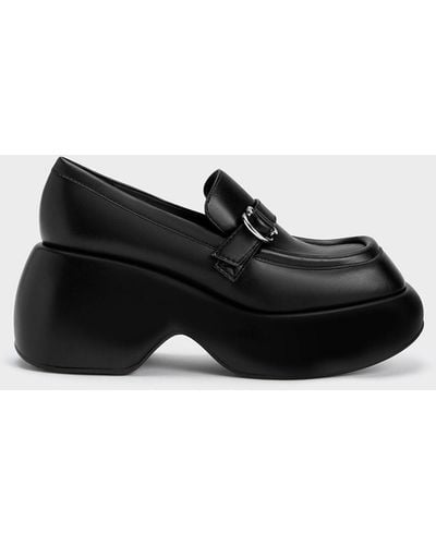 Charles & Keith Buckled Platform Penny Loafers - Black