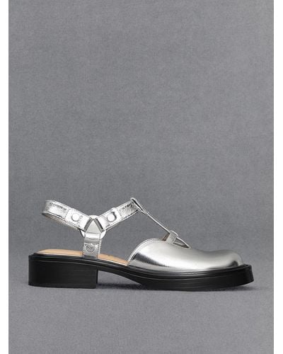 Charles & Keith Metallic Leather Cut-out T-bar Mary Jane Flats - Grey