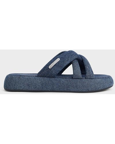 Charles & Keith Denim Puffy Crossover-strap Slide Sandals - Blue