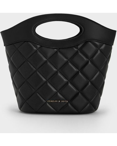 Charles & Keith Quilted Chain-link Curved-handle Bucket Bag - Black