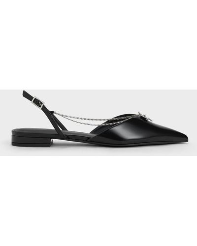 Charles & Keith Flower-accent Chain-link Slingback Flats - Black