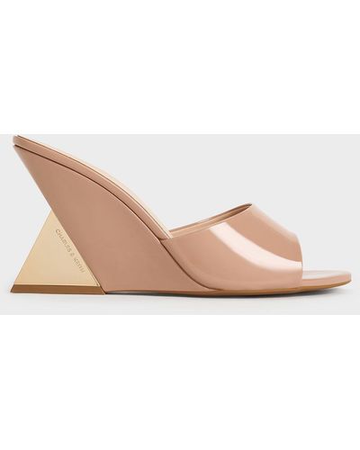 Charles & Keith Patent Triangle-heel Wedge Mules - Natural