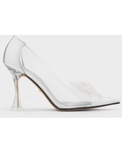 Charles & Keith See-through Beaded Bow Court Shoes - White
