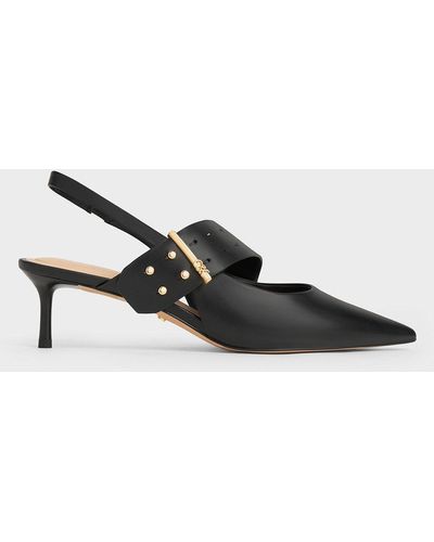 Charles & Keith Leather Asymmetric-strap Slingback Mary Jane Court Shoes - Black
