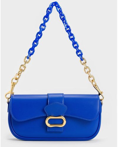 Charles & Keith Daki Belted Curved Bag - Blue