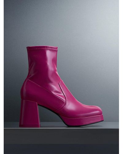 Charles & Keith Patent Crinkle-effect Block-heel Boots - Pink