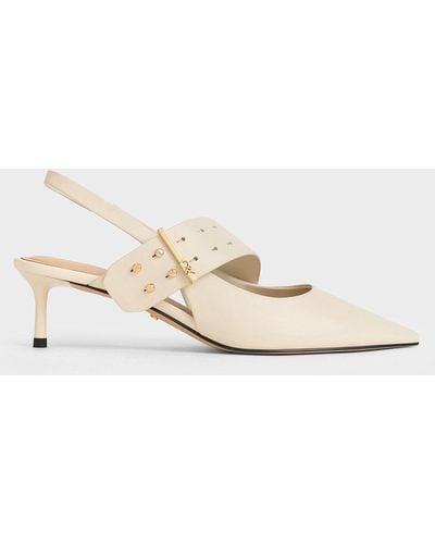 Charles & Keith Leather Asymmetric-strap Slingback Mary Jane Court Shoes - Natural