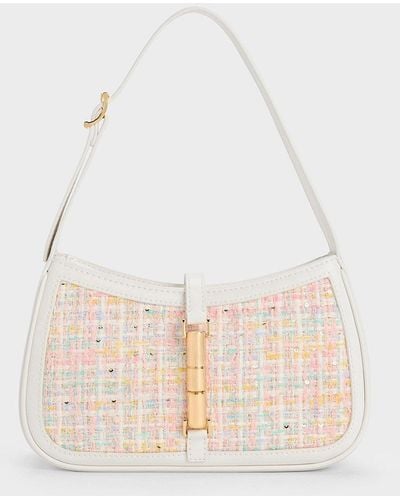 Charles & Keith Cesia Metallic Accent Tweed Shoulder Bag - White