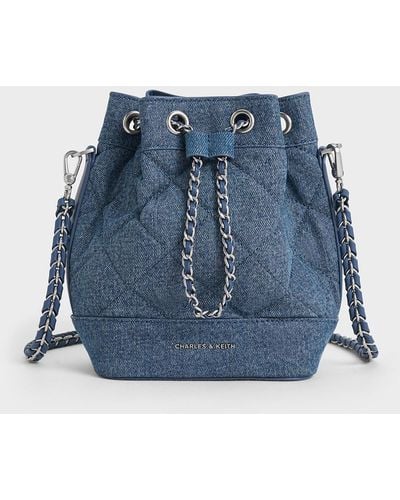 Charles & Keith Quilted Denim Two-way Bucket Bag - Blue
