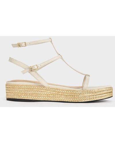 Charles & Keith Leather T-bar Espadrille Sandals - Natural
