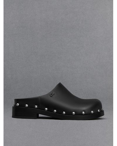 Charles & Keith Leather Studded Clogs - Grey