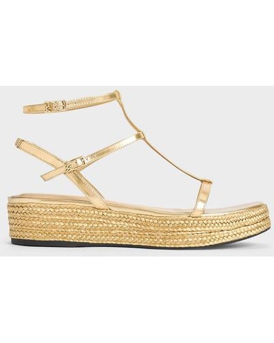 Charles & Keith Metallic Leather T-bar Espadrille Sandals - Natural