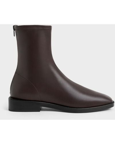 Charles & Keith Square Toe Zip-up Ankle Boots - Brown