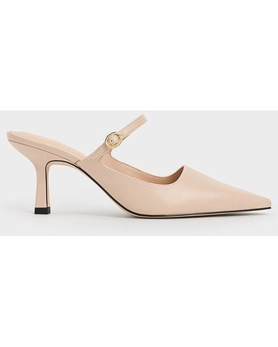 Charles & Keith Buckle-strap Heeled Mules - Natural