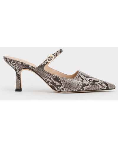 Charles & Keith Snake-print Buckle-strap Heeled Mules - White