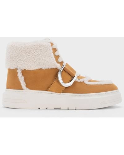 Charles & Keith Gabine Leather Fur-lined High-top Trainers - White