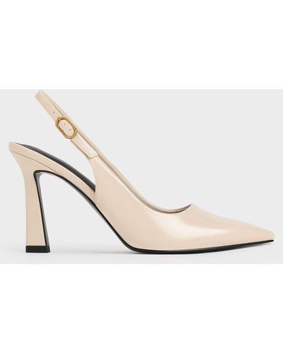 Charles & Keith Patent Trapeze Heel Slingback Pumps - White