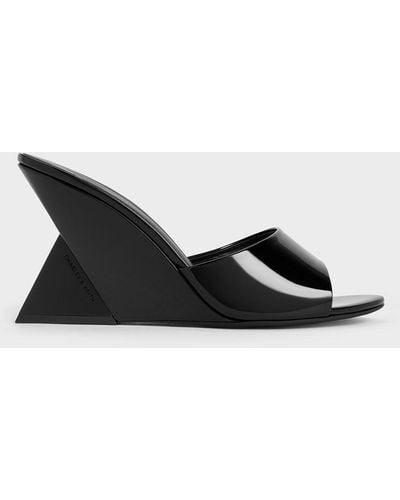 Charles & Keith Patent Triangle-heel Wedge Mules - Black