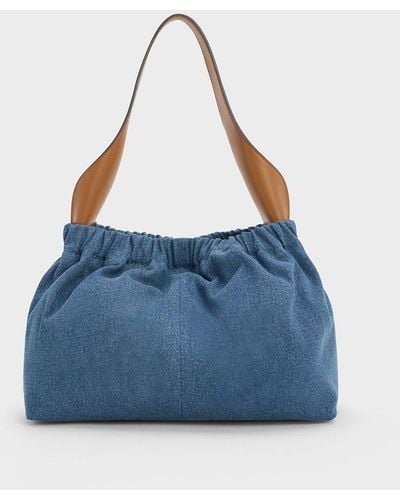 Charles & Keith Large Ally Denim Ruched Slouchy Bag - Blue