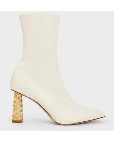 Charles & Keith Pointed-toe Quilted Heel Ankle Boots - Natural