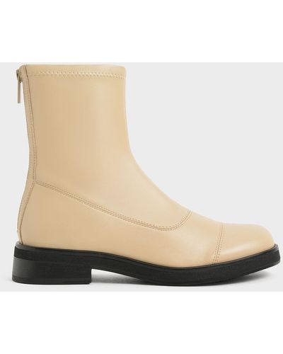 Charles & Keith Round Toe Zip-up Ankle Boots - Natural