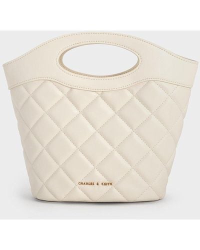 Charles & Keith Quilted Chain-link Curved-handle Bucket Bag - Natural