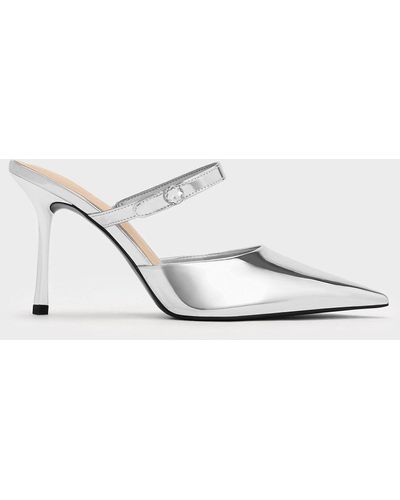 Charles & Keith Metallic Crystal-accent Stiletto-heel Mules - White