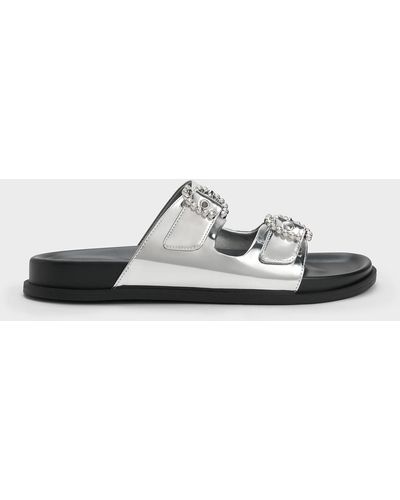 Charles & Keith Metallic Embellished Buckle Sandals - White