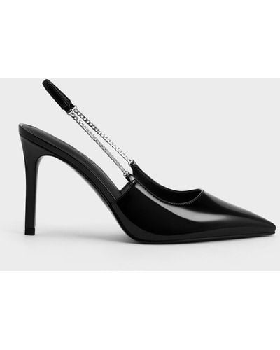 Charles & Keith Patent Chain-link Pointed-toe Slingback Pumps - Black