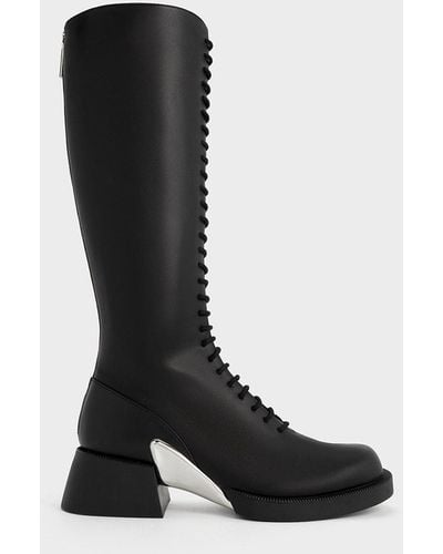 Charles & Keith Devon Metallic-accent Lace-up Knee-high Boots - Black