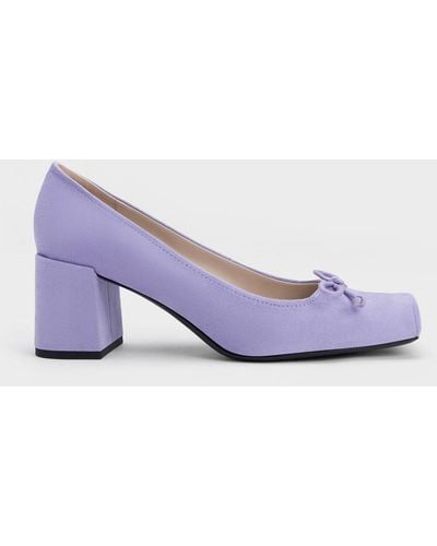 Charles & Keith Bow Square-toe Textured Court Shoes - Purple
