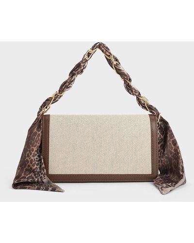 Charles & Keith Alcott Scarf Handle Canvas Clutch - Natural