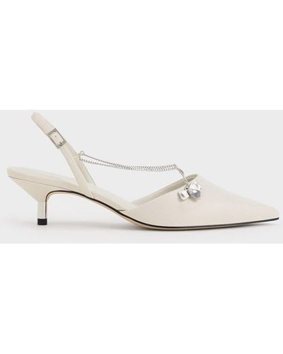 Charles & Keith Flower-accent Chain-link Kitten-heel Pumps - Natural
